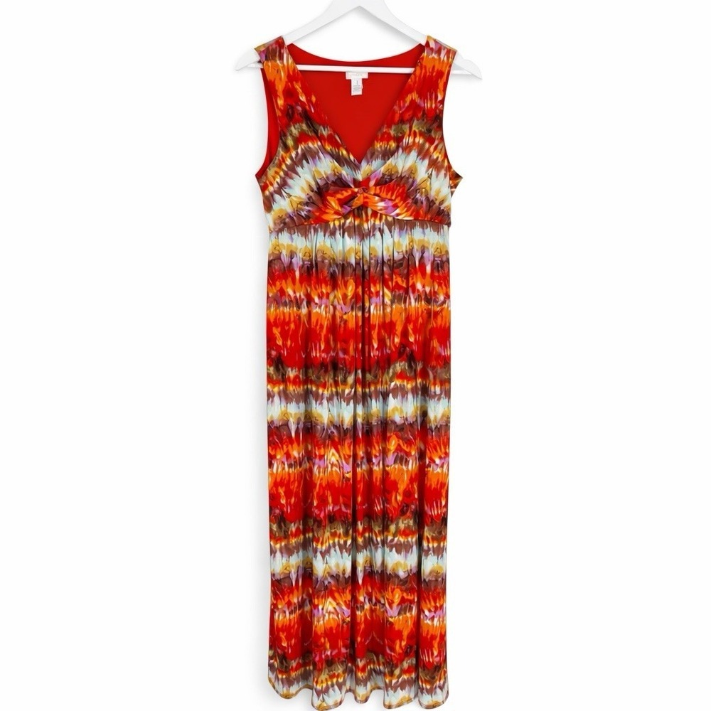 Chico's Dress Womens 1 Tropical Red‎ Multi Tie Dye Maxi Stretch v-neck